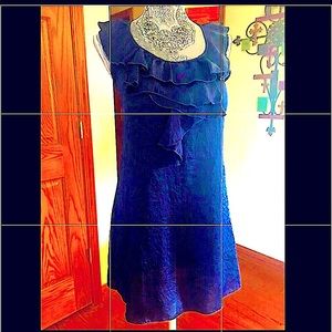 100% SILK DARK BLUE MIDI DRESS. SMALLER BUST XS